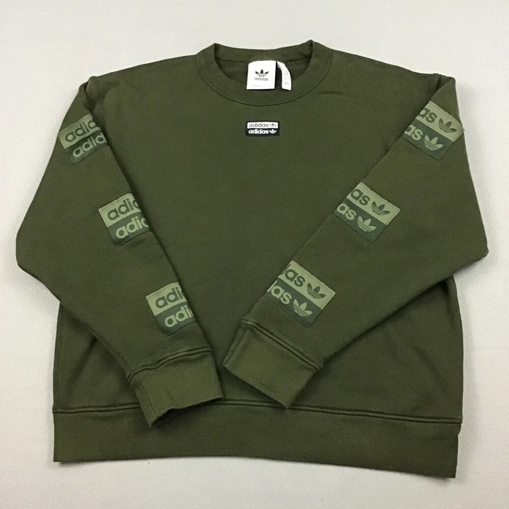 Adidas Sweatshirt Men Small Olive Repeating Trefoil Box Logo Sleeves Crewneck S